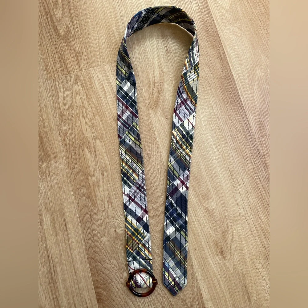J. Crew belt madras plaid M/L tortoiseshell D ring buckle women’s preppy - Picture 2 of 6